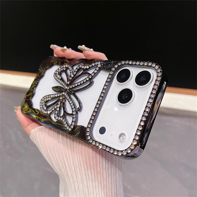 Luxury TPU Plating Diamond Butterfly Phone Case For iPhone 17 16 15 14 13 12 11 Pro Max Plus Shockproof Hollow Out Hard Cover