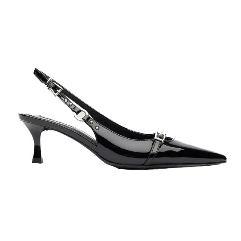 High heels design sense niche temperament celebrity style rivet patent leather kitten with one-word buckle strap bag head sandals