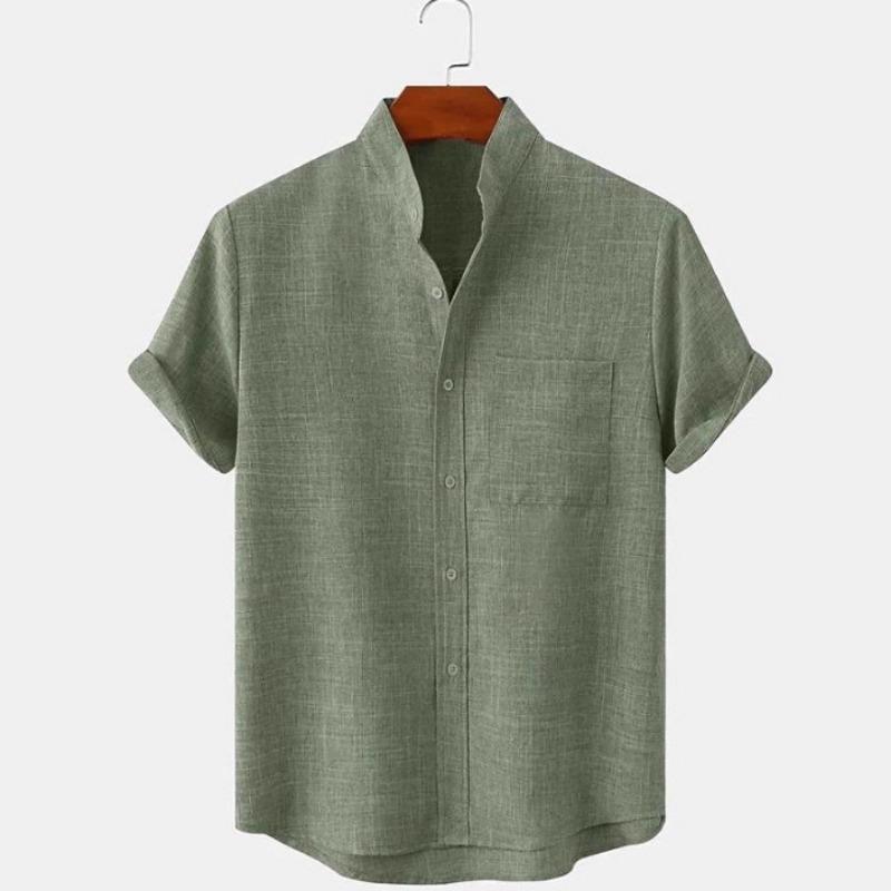 

Men Linen Blend Mandarin Collar Short Sleeve Button Down Shirt Casual Summer Beach Top With Chest Pocket S армия зеленый