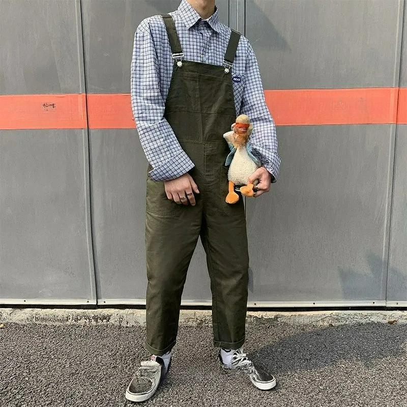 Hong Kong Style Bib Pants Men's Summer Suspenders Korean Version of Loose Straight Nine-point Wide-leg Pants Super Fire Bib Pants