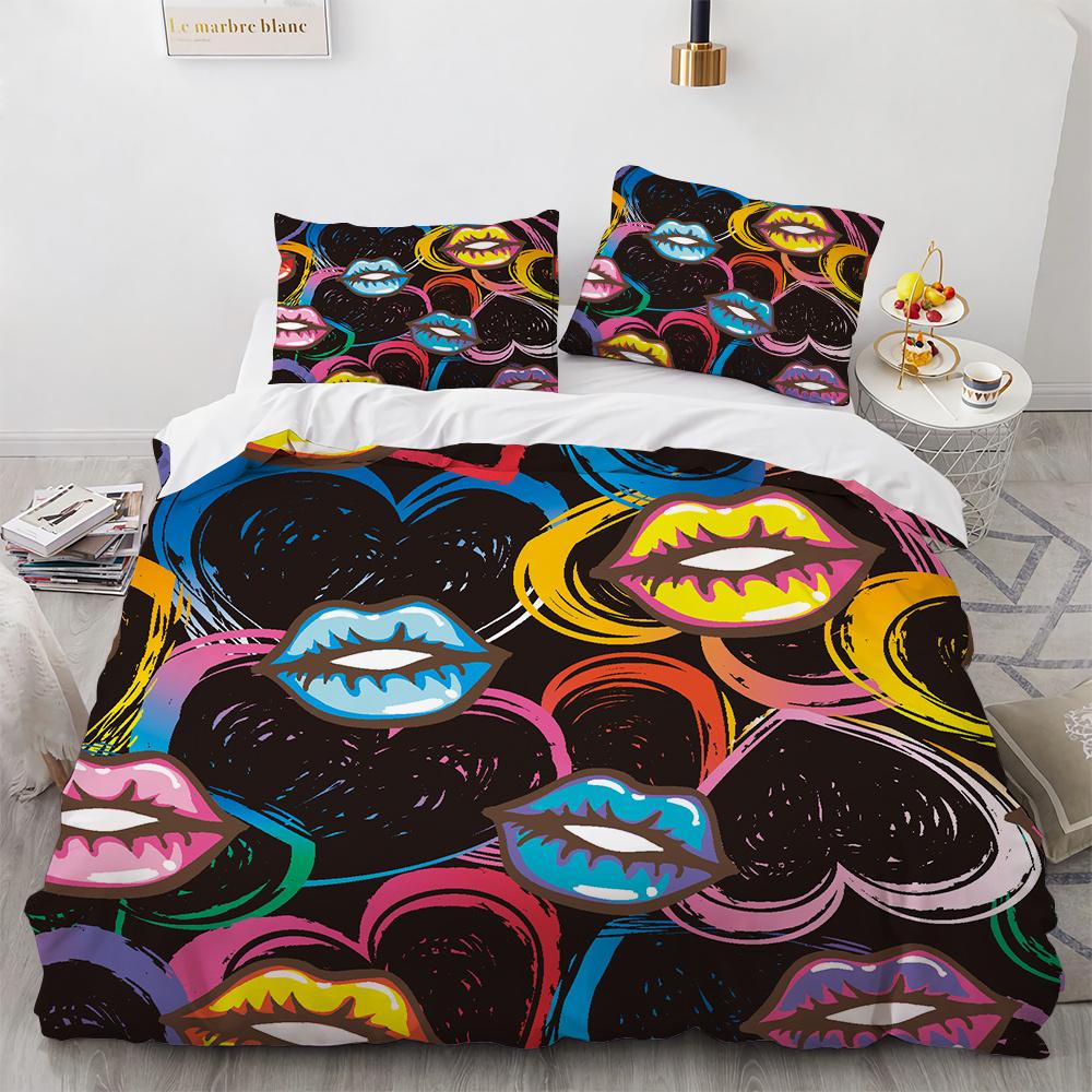 3D Print Red Lips Duvet Cover Set Sexy Theme Romantic Style for Girls Women Couple Bedding Set King Queen Size with Pillowcase