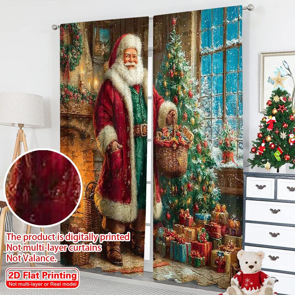 2pcs 2D Flat Printing Merry Christmas Curtains Christmas Joy Machine Washable Fabric Without Electricity Spring Party & Holiday