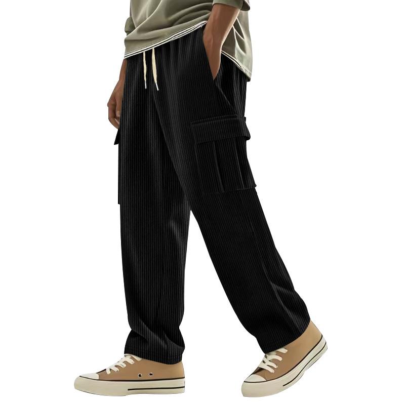 Heavyweight American Vintage Cargo Pants Men Multi Pocket Loose Wide Leg Drawstring Tie Solid Color Straight Leg Casual Trousers