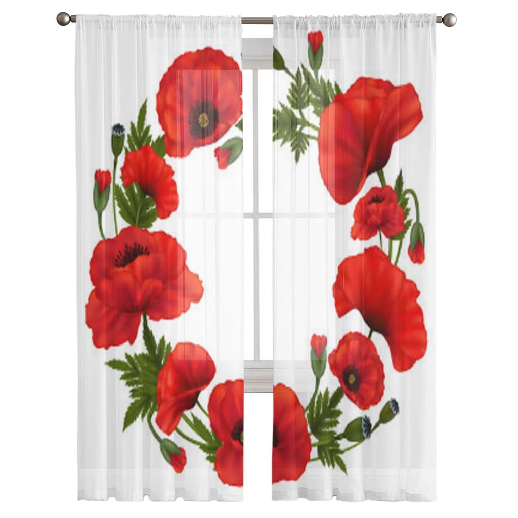Poppy Flowers Sheer Curtains For Living Room Kids Bedroom Tulle Curtains Kitchen Window Treatment Drapes