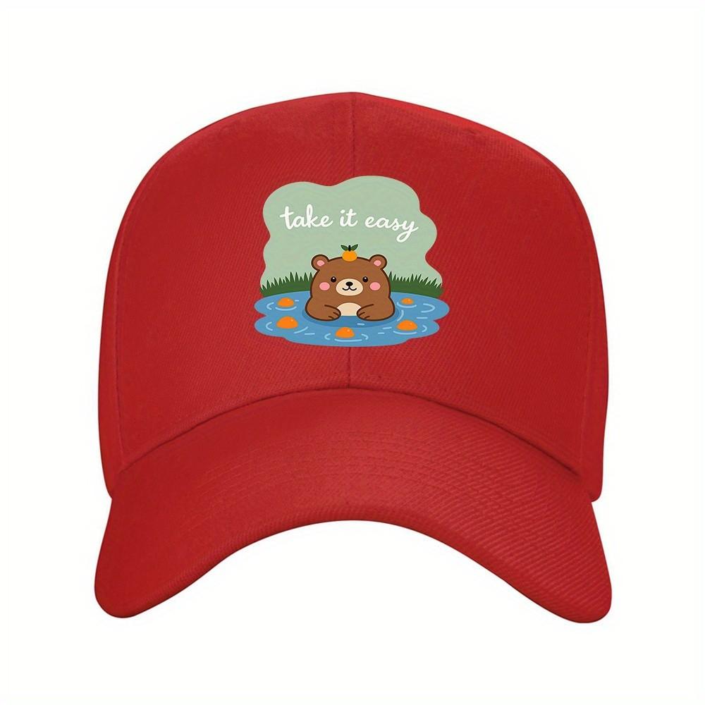 Take It Easy Bear Cartoon Baseball Cap Polyester Casual Outdoor Adjustable Unisex Adult Hat One Size