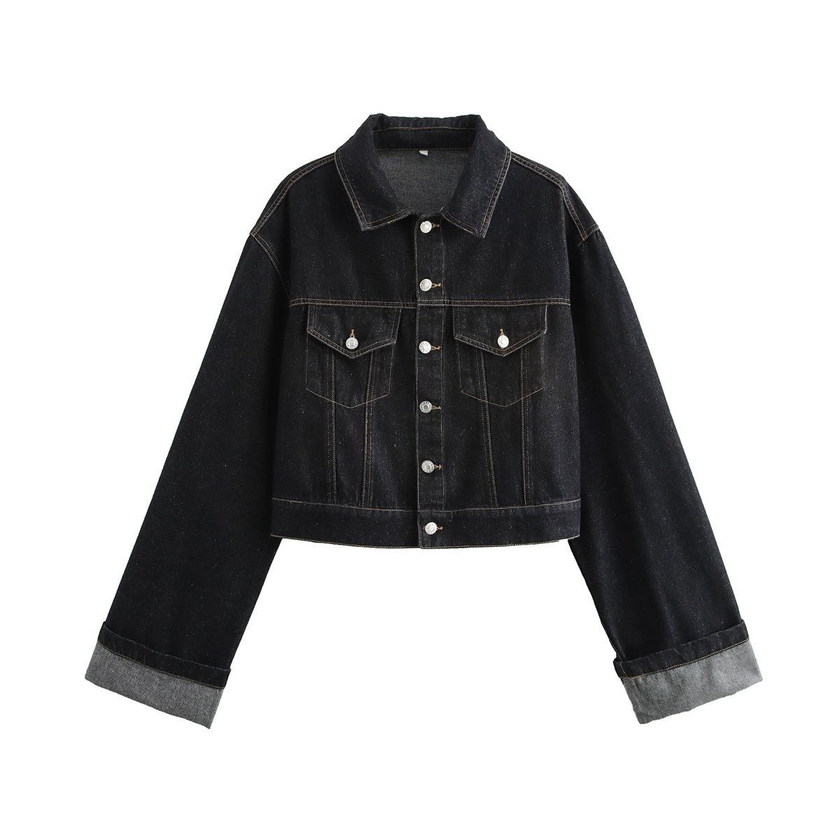 

Европейская и американская весенне-осенняя новая женская джинсовая куртка с рукавами с подворотами L чёрный