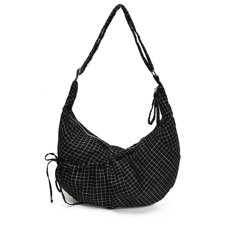 Drawstring canvas bag 2025 autumn and winter new Korean lazy wind dumpling bag plaid commuter shoulder messenger women's bag