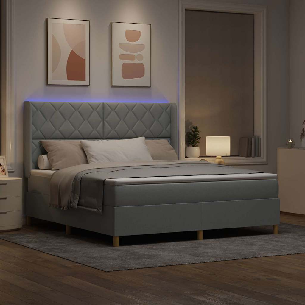 Box Spring Bed with LED Light Strips Light Gray 180 X 200 Cm Fabric
