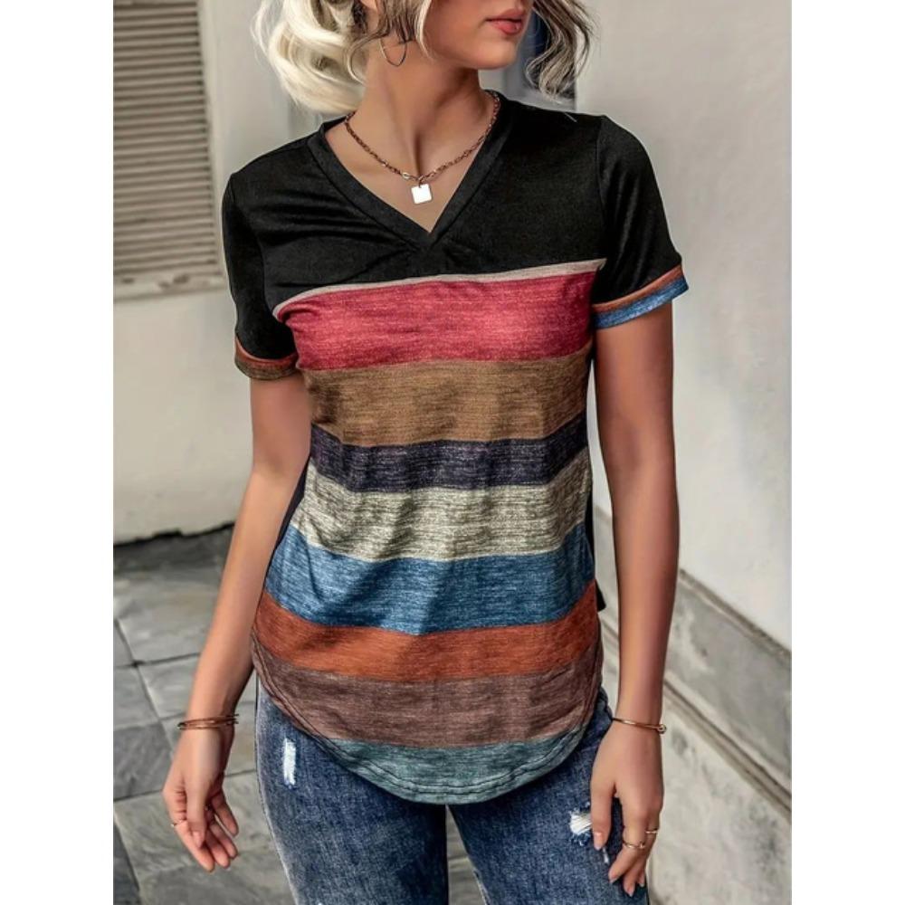 

Летняя женская футболка, повседневная футболка с коротким рукавом, ретро-полосатый принт, футболки с V-образным вырезом, модная уличная женская одежда больших размеров 2XL