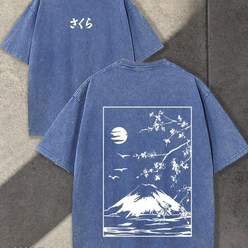 

Summer Street Trend Men s Washed Retro Street American Style T-shirt TOKYO Mount Fuji Style Letter Pattern Double-sided Front And Rear Printing 5XL