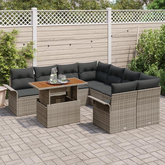 VidaXL Ensemble de canapé de jardin 9 pièces avec coussins gris en polyrotin et acacia 3349313