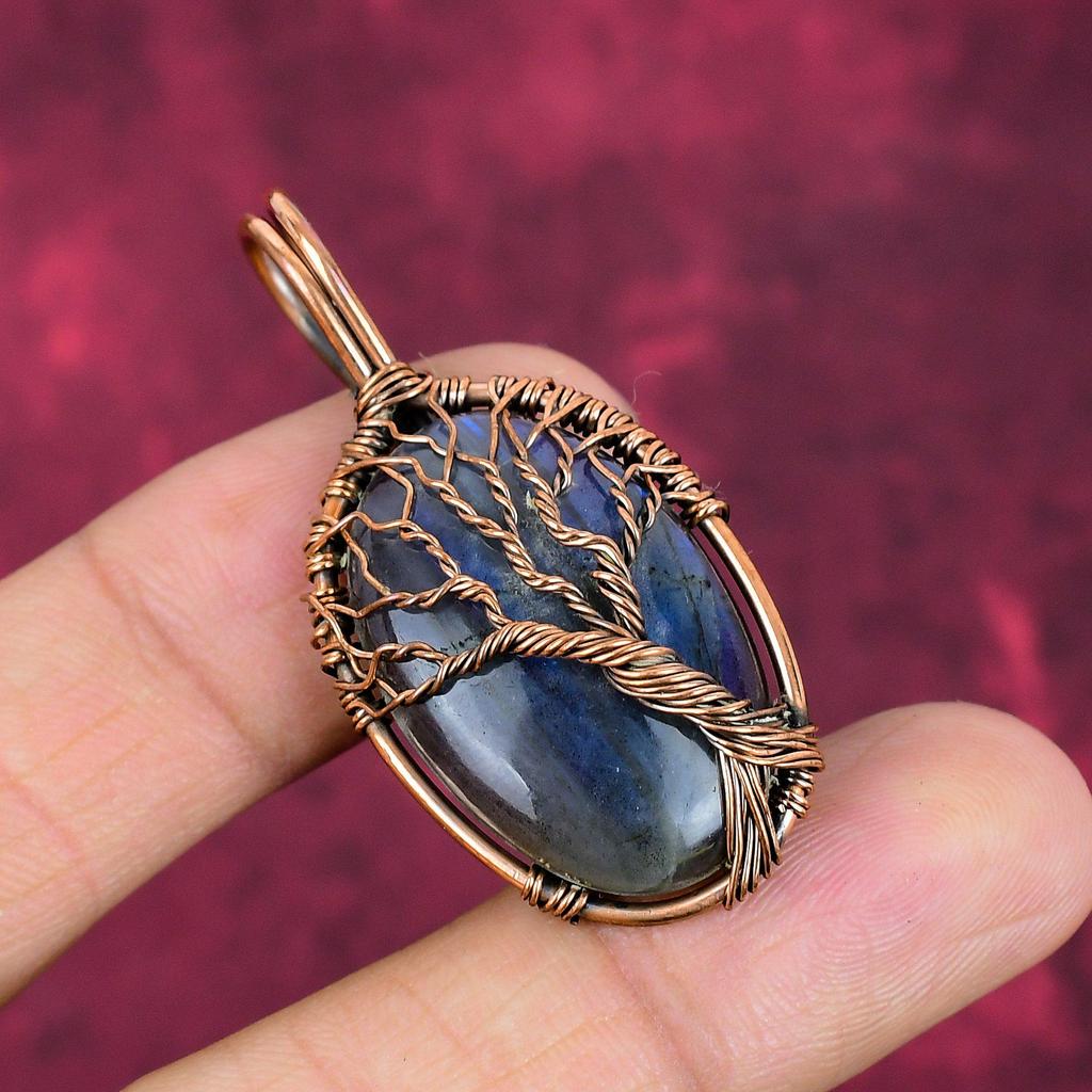 Tree Of Life Labradorite Gemstone Pendant Copper Wire Wrapped Handmade Jewelry