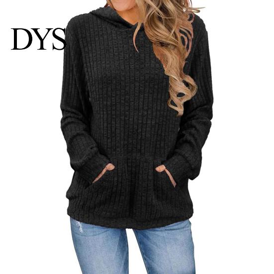 Warm Long-sleeve Sweater Women Knitted Hooded Long Sleeve Loose Fit Ribbed Knitting Pullover Tops with Pockets Casual Solid Color Autumn Knitwear