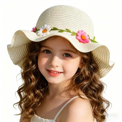 Children Sun Hat Wide Brim UV Protection Straw Hat with 3D