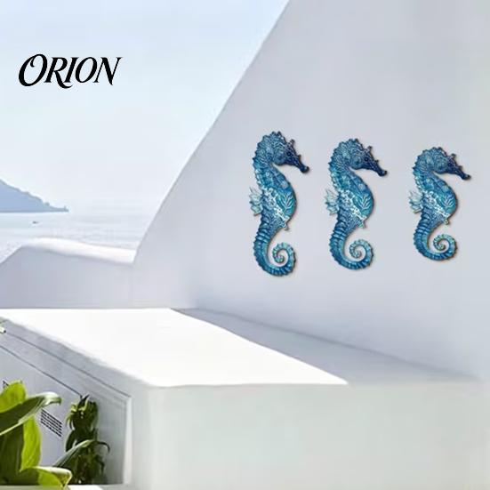 Gift for Ocean Lovers 3Pcs Wooden Seahorse Wall Decor, Coastal Home Sculpture, 2D Flat Bedroom Living Room Art Mediterranean Style Hanging Bathroom