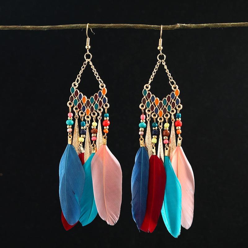 Retro Feather Fringed Earrings Women's Niche Personality Bohemian Blue Long Yunnan Travel Photography Earrings