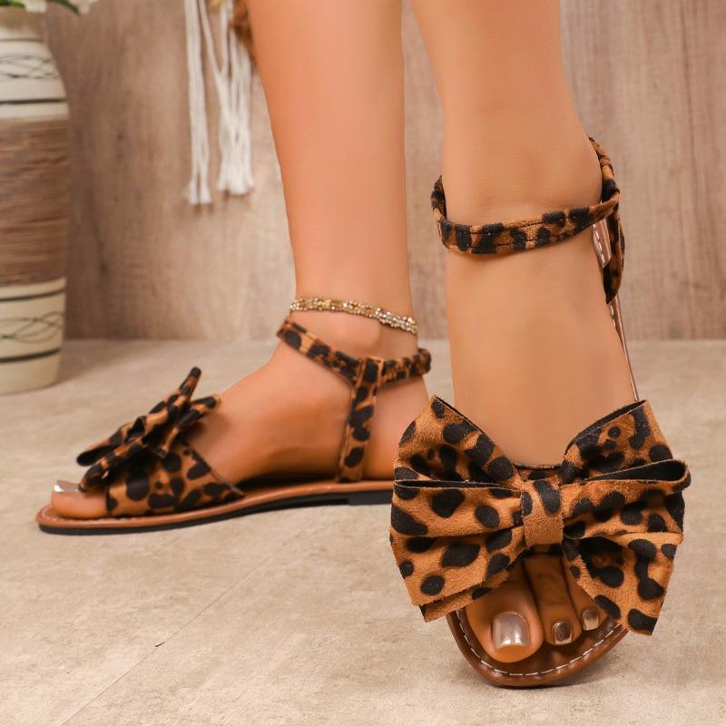 Fashion Bow Leopard Women Flats Sandals 2025 Summer Suede Casual Shoes Designer Sexy Fashion Slippers Elegant New Beach Mujer Sandalias