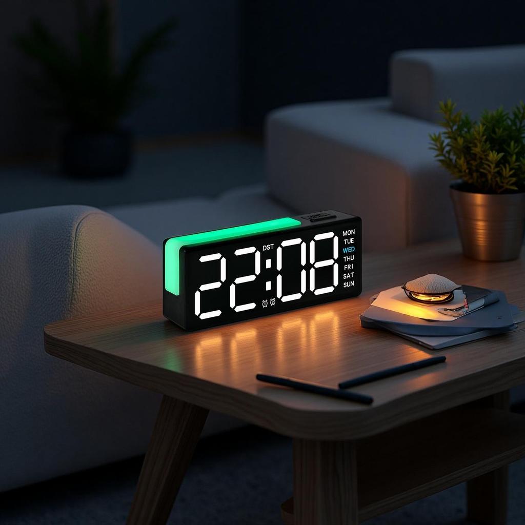 LED Digital Alarm Clock Atmosphere Light Date Teperature Week Display DST Snooze Table Clock 12/24H Brightness Adjustment
