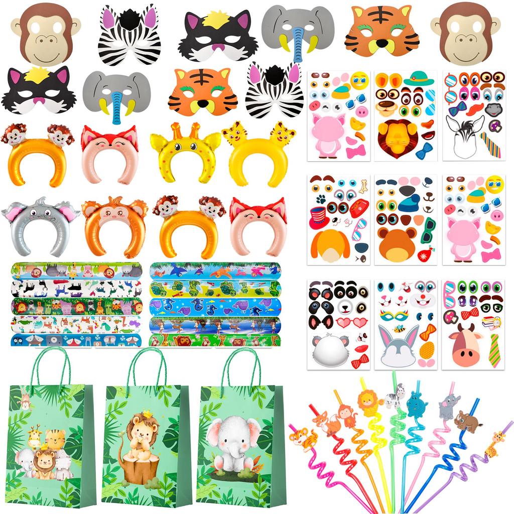 Dschungel Safari Party Dekorationen Gastgeschenke, 72 Stück Dschungel Safari Geburtstagsfeier Geschenke - Safari Party Klatscharmbänder Maske Tüten usw. Dschungel Party Gastgeschenke