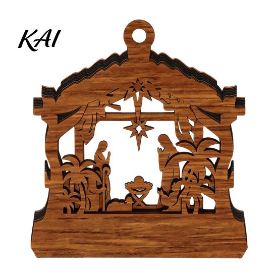Natural Log Craft Gifts 3D Wooden Light Up Christmas Ornament, Layered House Tree Snowman Wood Engraving Decor Nativity Scene Hanging Decoration
