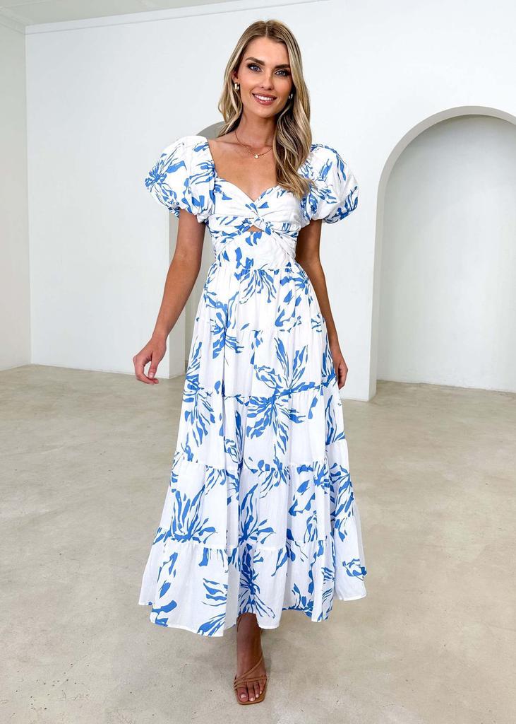 Spring and summer new temperament slim print bubble sleeves big pendulum high-end dress women