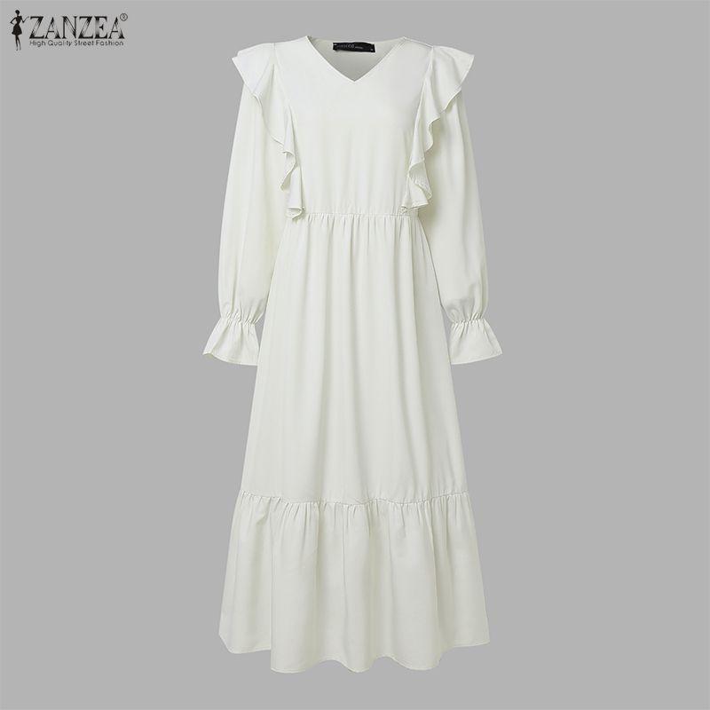 ZANZEA Women Casual V-Neck Solid Color Loose Long Sleeve Dress