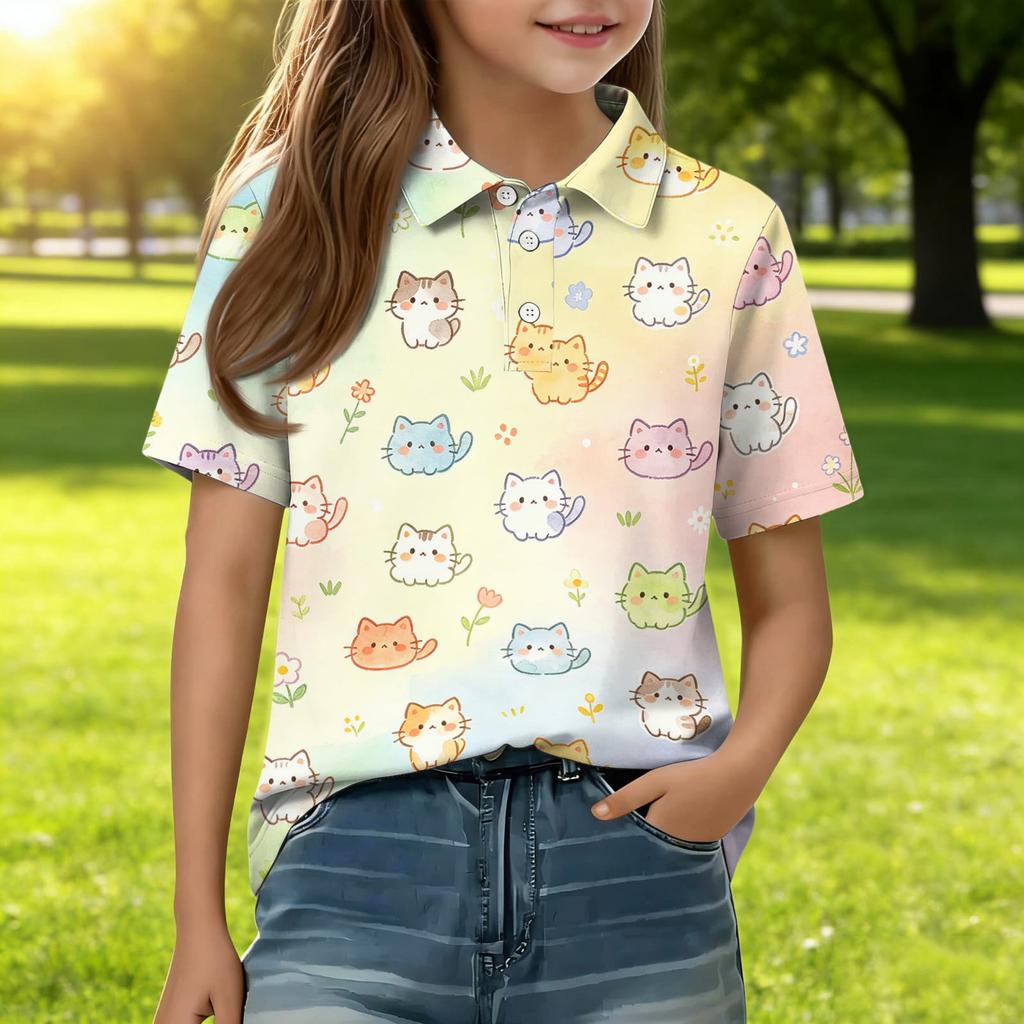 Kids Casual Short Sleeve Polo Shirt Animal Pattern Cartoon Print Lightweight Comfortable Soft Fabric Breathable Summer Top for Boys Girls
