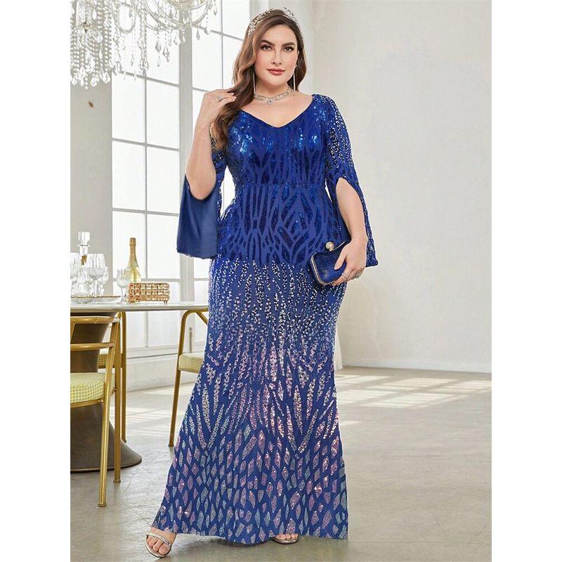 

Европейское и американское платье большого размера с длинным рукавом, глубоким V-образным вырезом, сексуальное, облегающий силуэт, русалка, вечернее платье большого размера, платье для вечеринки Royal Blue 3XL