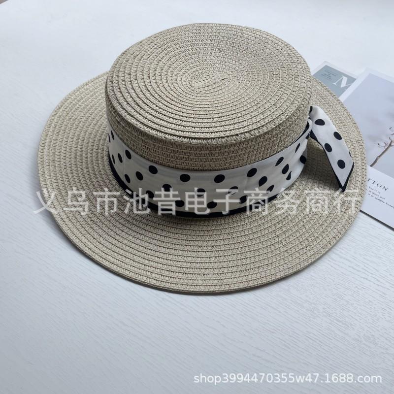Flat top straw hat women's summer fashion polka dot wide edge top hat versatile sun hat beach sun hat
