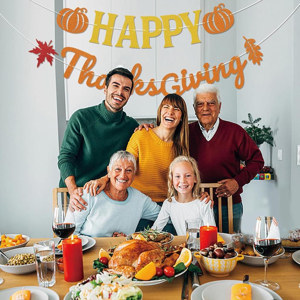 Happy Thanksgiving Banner - Happy Fall Thanksgiving Mantle Fireplace Decorations, Autumn Harvest Holiday Outdoor Home Office Classroom Hanging Decor