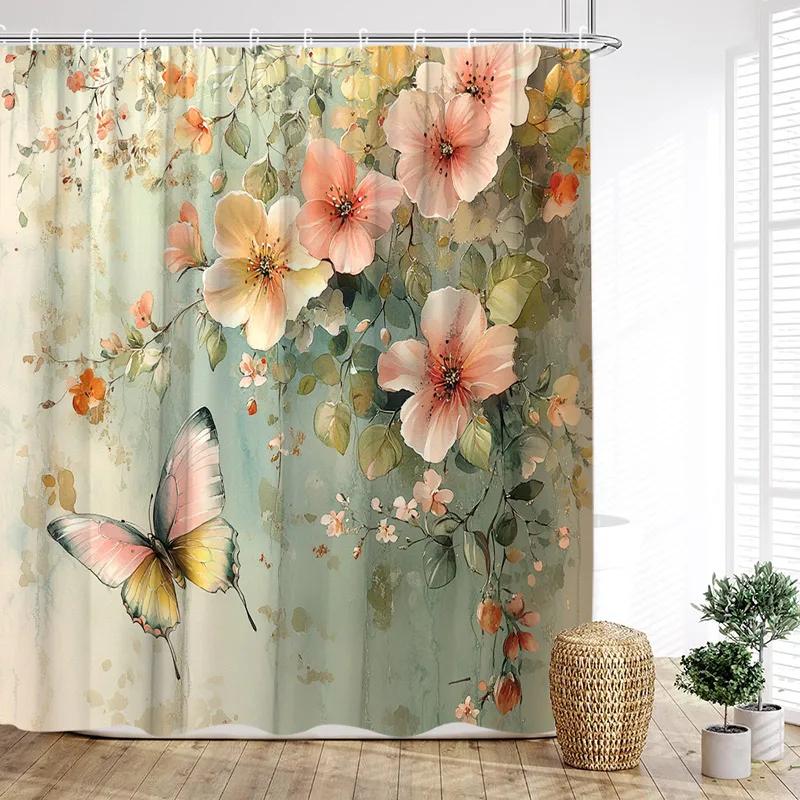 Liane Floral Shower Curtain Pink Floral Country Plant Polyester Fabric Bathroom Curtain Hook for Home Decoration