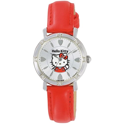 Citizen Q&Q Analog Hello Kitty Waterproof Watch with Leather Strap, Made in Japan, 0003N003, Women's, Silver and Red