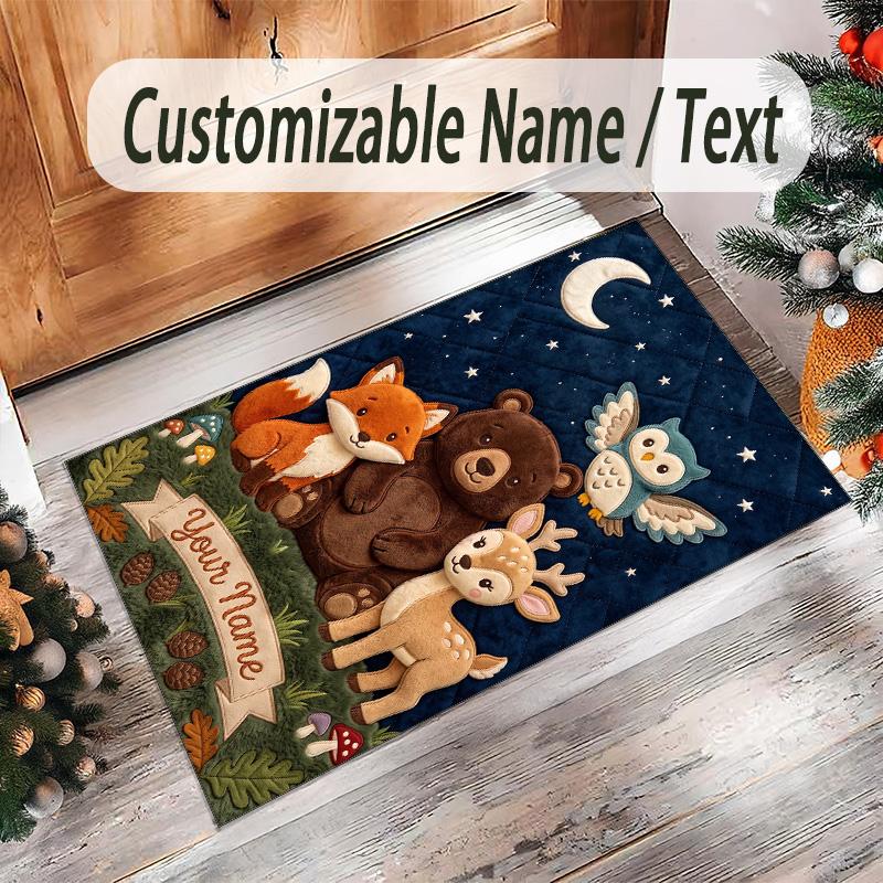 Forest Theme Crystal Velvet Floor Rug Personalized Custom Name Text Warm Carpet Home Decoration