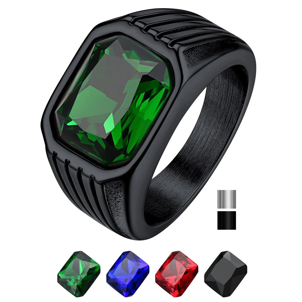Stainless Steel 10*12mm Big Gemstone Rings for Man Rectangle Red Blue Green Black Onyx Agate Stone Signet Rings Jewerly Gift