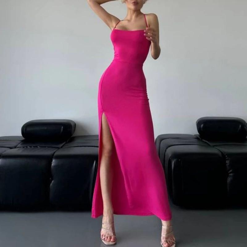 European and American Women's Summer One Neck Hanging Neck Strap Backless High Waist Slit Tight Fitting Hip Hugging Dress