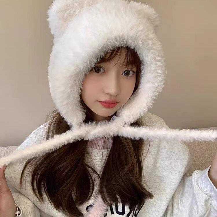 Cute Little Bear Knitted Hat for Women with Plush Thick Hat Plus Velvet Thick Ear Protection Wool Hat Cold Hat