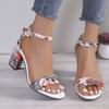 Fashion Women Sandals Summer New Vintage Flower Print Open Toe High Heels Shoes Woman Fashion Casual Buckle Ankle Strap Sandals Women