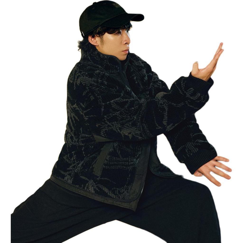 Li Ning X Jackie Chan Kolaboracja Seria Kung Fu Nadruk na całej powierzchni Luźny krój Stójka Zapinana na zamek dzianinowa bawełniana kurtka męska kurtki Czarny AFMU027-2