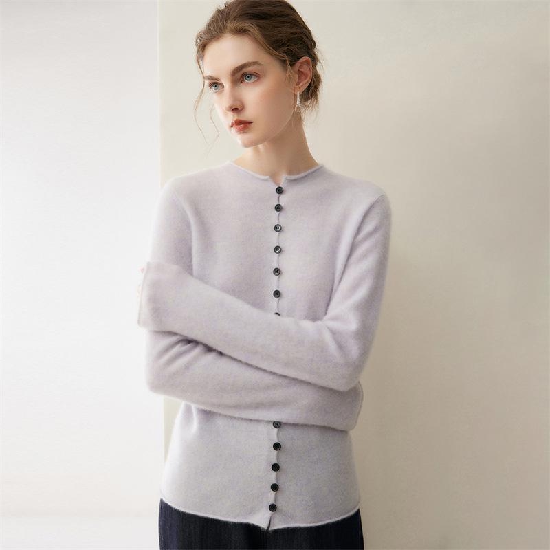Women's 100% Cashmere Cardigan: Autumn/Winter 2026, Round Neck, Solid Color, Versatile Loose Fit.