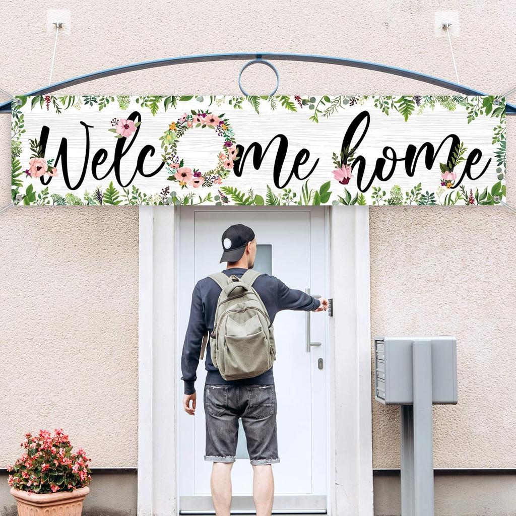 Sumind Welcome Home Banner Large Welcome Home Sign Decorations with Rope Hanging Seasonal Spring Flower Garland Grass Backdrop for Housewarming Party