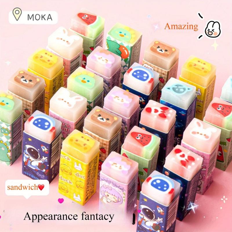6pcs Cute Cartoon Jelly Erasers - Vibrant Fruit, Flower & Animal Designs, Cube-Shaped Erasers for Students & Artist