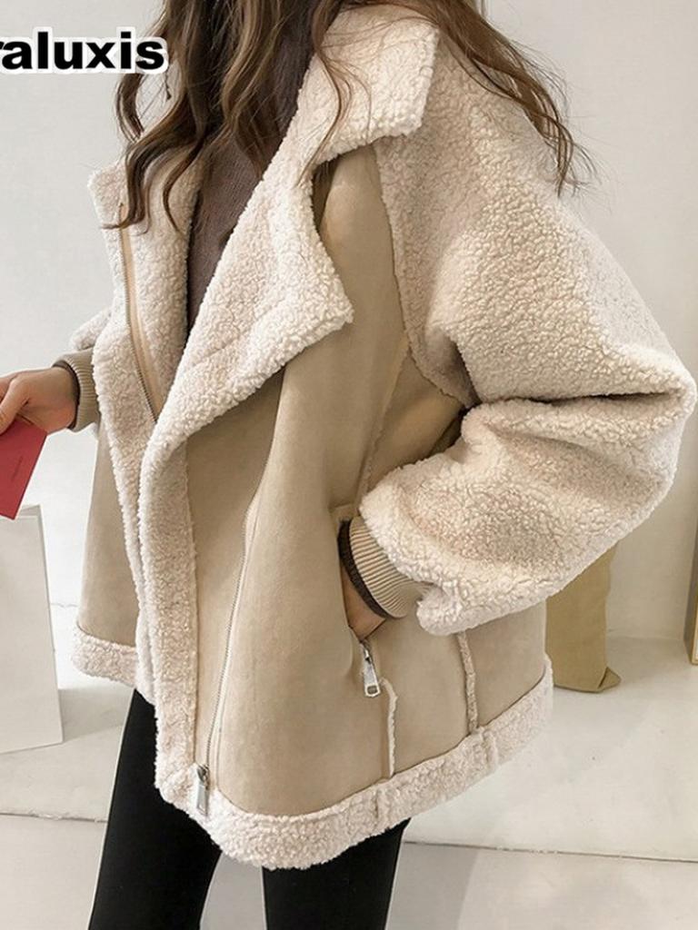 Herbst Winter Neu Damen Oversized Kunstpelz Einteiler Lammfell Kurz Motorradjacke Strickjacke