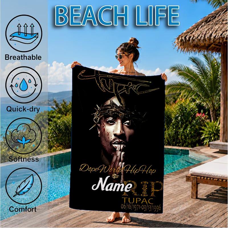 Custom Name RIP Tupac: Legacy Lives Heart In Space Adventure Microfiber Beach Towel, Lightweight for Summer Travel, Swimming Pool Fan Gift