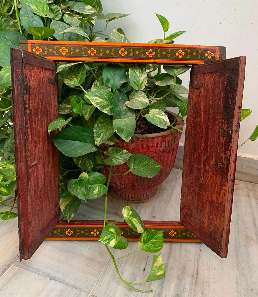 Hand Painted Ganesha Jharokha: Antique Wooden Window Wall Decor