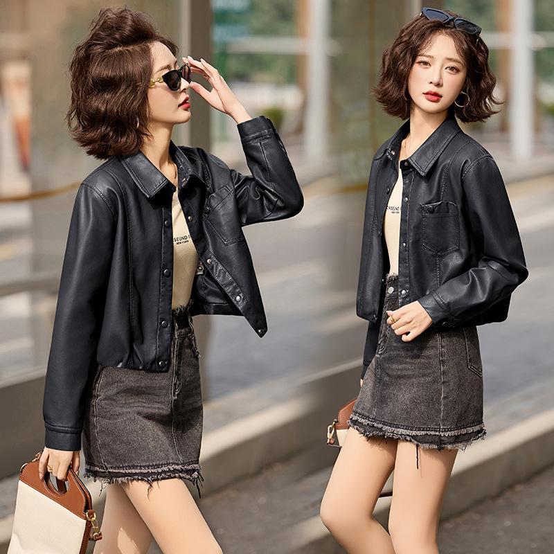 

Весенне-осенняя новая кожаная куртка женская кожаный лацкан короткий топ дизайн на молнии куртка-локомотив 2XL чёрный