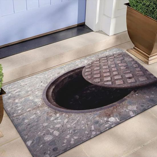 3D Bottomless Manhole Rug Optical Illusion Floor Mat Non-Slip Visual Trap Door Mat for Entrance Playroom Living Room Decoration