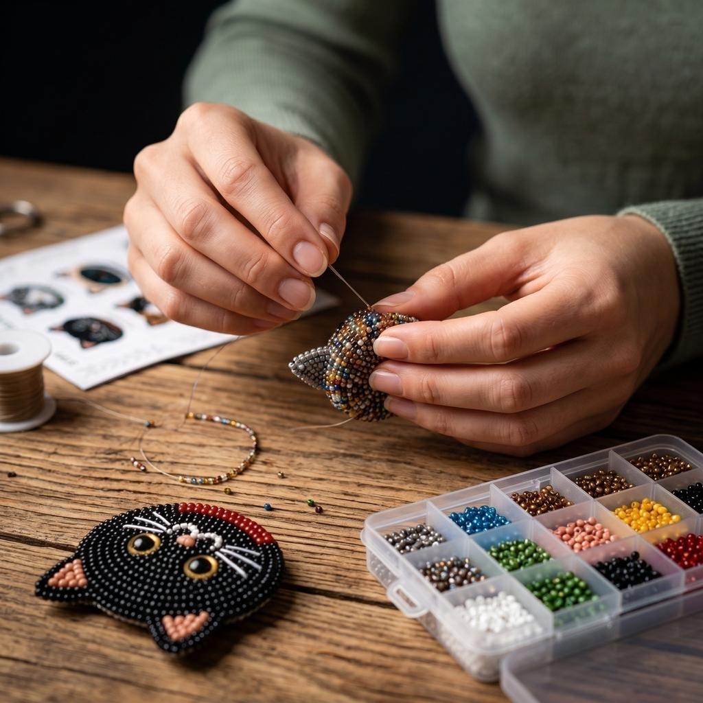3D Katzenkopf Perlen-Set DIY Perlen Bastelset mit verschiedenen Perlen und Anleitung für Erwachsene und Jugendliche Handarbeits Kunst Set