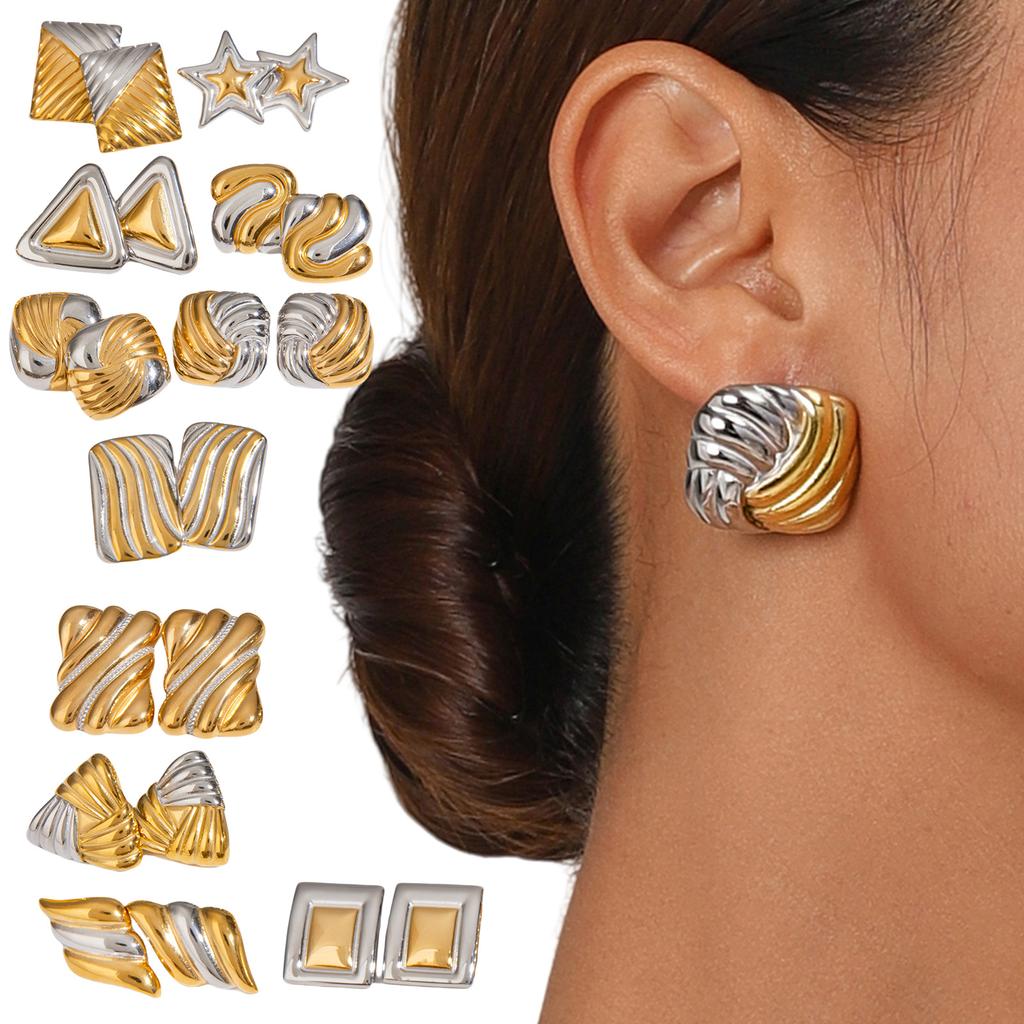 Geometric Gold and Silver Tone Studs Earrings for Women Fashion Vintage Texture Ear Accessories Lightweight Jewelry