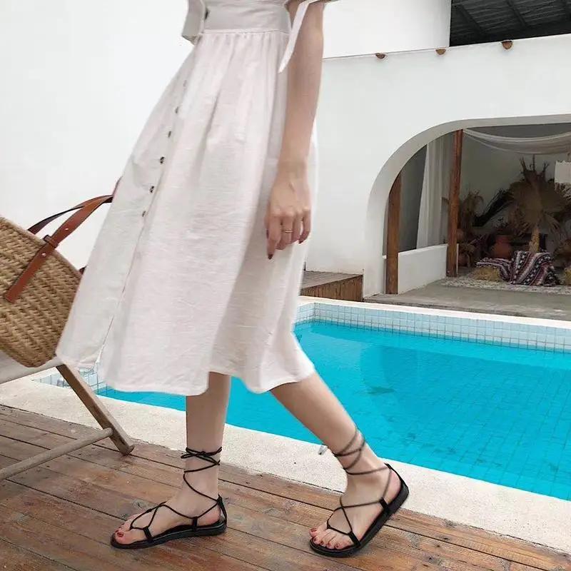 With Strap Sandals for Women Open Toe Outdoor Summer 2025 Flat Rubber No Heel Footwear Flip-flops Beach Ladies Shoes Roman Style