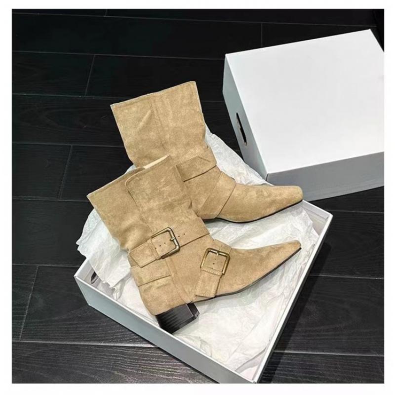New Fashion Design Khaki Suede Leather Buckle Strap Pointed Toe Boss Boots Punk Style Goth Square Heel Women Shoes